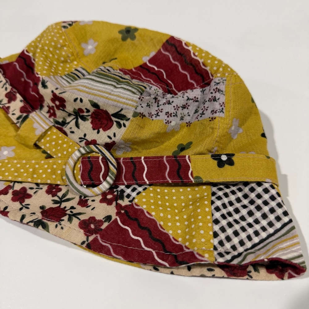 Y2K Vintage Twee Yellow Burgundy Red Patchwork Design Hipster Floral Bucket Hat - Picture 2 of 4